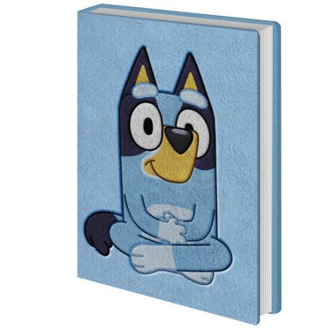 The Bluey Plush Notebook by Blue Dog Posters features a textured blue cover with Bluey, the cheerful cartoon dog, and is an officially licensed A5 spiral notebook perfect for kids and fans.