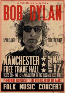 The MUS 253 Bob Dylan poster features him in dark sunglasses, promoting his May 17, 1966 Manchester Free Trade Hall concert. Dominated by red and black tones, it’s an iconic collectible for fans of acoustic and electric folk art.