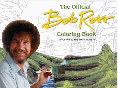 A smiling man with curly hair holds a paintbrush before a landscape. Text reads, "Official Bob Ross Colouring Book" by Blue Dog Posters. The background shows seasonal mountain and tree paintings.