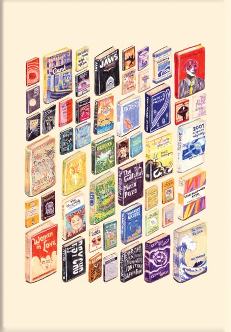 An illustrated grid of vibrant, classic book covers from "50 Up Books to Film by Amy Blue A2" (GAL159), featuring titles like "Jaws" and "The Godfather," is displayed upright—perfect art for any film or book lover.
