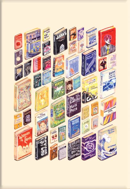 Art print illustration of 50 colorful, floating classic book covers in a grid on cream, from the "50 Up: Books to Film" series by Amy Blue for Blue Dog Posters, featuring titles like "Jaws," "The Great Gatsby," and more.