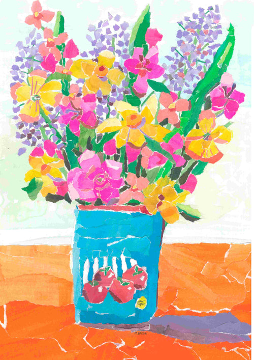 Flower Bouquet in Tomato Tin by Melanie Brown, from Blue Dog Posters, features vibrant pastel flowers in a blue vase and is printed on high quality satin paper. Part of the featured artist collection.