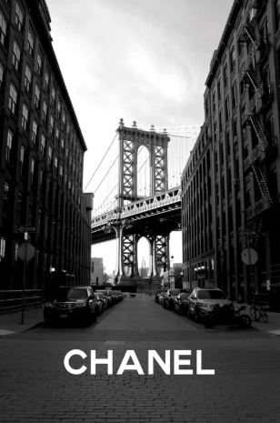 Black-and-white ALT 053 "Brooklyn Bridge Chanel" poster with cityscape, buildings, cars, and bold "CHANEL" text—ideal for scenic collections or as a standout in your large regular posters display.