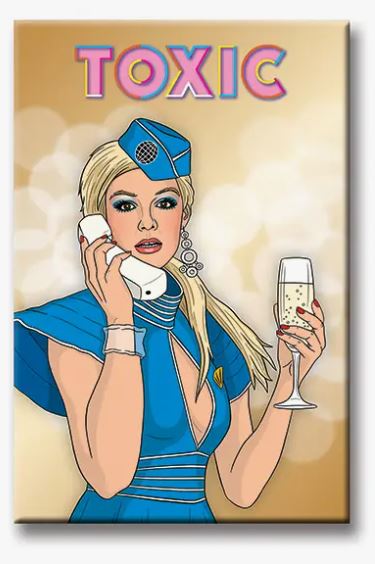 An illustration of a woman in a blue flight attendant uniform and hat, holding a telephone receiver to her ear with one hand while holding a glass of champagne in the other. The product, "Britney Toxic Magnet" by Blue Dog Posters, features the word "TOXIC" displayed in colorful letters at the top, reminiscent of bold fridge magnets highlighting important notes.