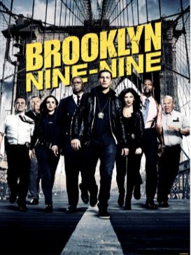 The Brooklyn Nine Nine 30x40cm Mini Poster by Blue Dog Posters showcases the main cast striding confidently on a bridge, with the title "Brooklyn Nine-Nine" boldly displayed above them in yellow. Printed on high-quality 250gsm satin paper, it beautifully details the cityscape and bridge cables.
