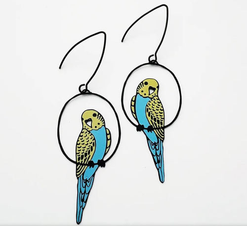 The Budgie Black Blue Yellow Denz Earrings by Blue Dog Posters feature two lightweight parakeet designs with yellow, green, and blue feathers perched in circular black hoops, displayed on a white background.