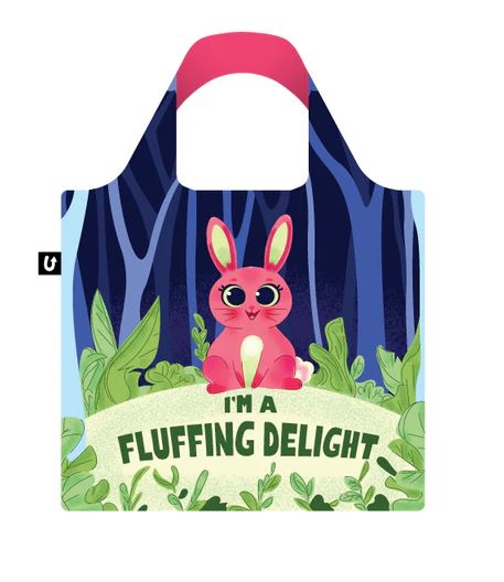 The Funny Bunny Foldable Tote Bag by Blue Dog Posters displays a cute pink bunny on green grass with the bold phrase, “I’M A FLUFFING DELIGHT.” This reusable tote is perfect for daily use and eco-friendly errands.
