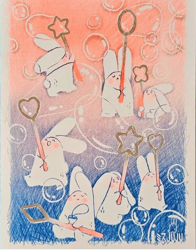 Six white bunnies with pink cheeks blow bubbles with star, heart, and square wands on a soft pastel background. Bunny Bubbles Riso Print by Misu Juju (Blue Dog Posters) is perfect for display on Mohawk Superfine paper.