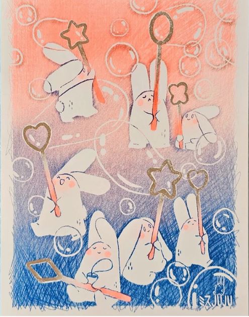 Six white bunnies with pink cheeks blow bubbles with star, heart, and square wands on a soft pastel background. Bunny Bubbles Riso Print by Misu Juju (Blue Dog Posters) is perfect for display on Mohawk Superfine paper.