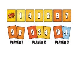 In Burst by Blue Dog Posters, players race to match and collect numbered yellow, orange, and blue cards—including a special "QUILT!" card—to score points in this fast-paced family card game.