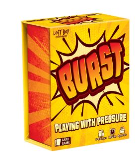 A bright yellow and red box titled "Burst" by Blue Dog Posters features a comic-style explosion. This fast-paced family card game for 3–6 players ages 8+ offers 40–60 minutes of action. Tagline: "Playing With Pressure.