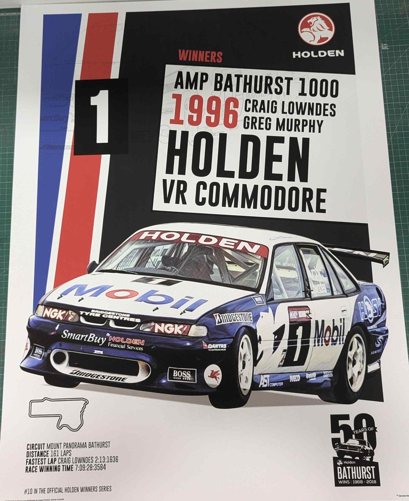 Celebrate the 1996 Bathurst 1000 victory with this Holden - 1996 Commodore VR art print by Blue Dog Posters, featuring contemporary design, Mobil and Holden details, and event highlights on a crisp white background.