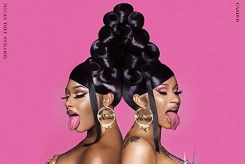 Megan Thee Stallion & Cardi B by MUS 367: Two women with bold, sculpted hairstyles and gold hoops pose back-to-back on a pink background, exuding hip hop energy—ideal for music fans or as a standout poster.