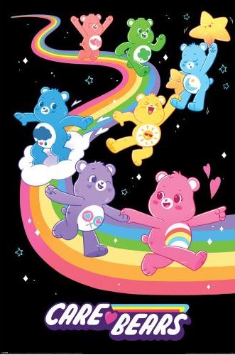 Six colorful Care Bears from the KID 017 brand ride a rainbow path against a starry black background. “Care Bears” is written below in white and pink, making this poster perfect for any Movies & TV collection.