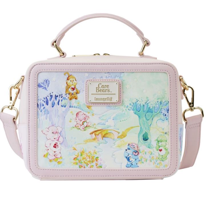 This Care Bears & Cousins Lunchbox Crossbody, designed by Blue Dog Posters, is crafted from pastel-colored vegan leather and showcases a charming Loungefly Care Bears design. It features a top handle and an adjustable strap, decorated with whimsical illustrations set against a scenic landscape. The accessory proudly displays the "Care Bears" and "Loungefly" logos on its front.