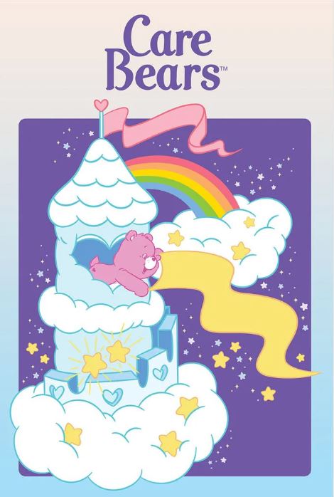 The Care Bears (Care A Lot Castle) Kids Movie Poster by KID 006 shows a pink Care Bear on a blue cloud castle with stars, clouds, rainbow, and yellow ribbon in a purple sky. Printed on premium 150gsm gloss paper with "Care Bears" at the top.