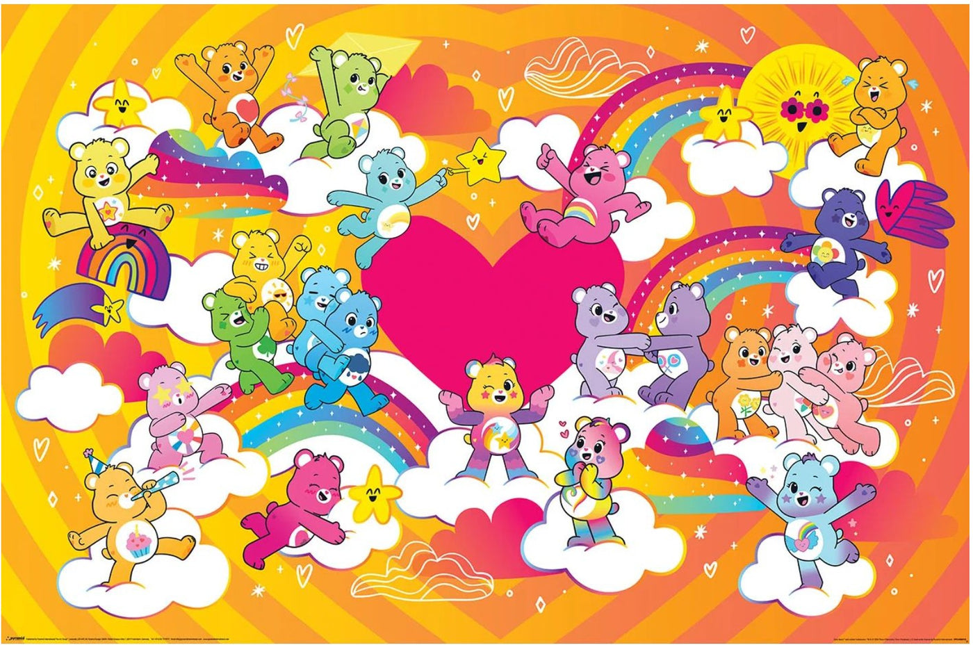 Vibrant illustration from KID 043's Care Bears Group Landscape shows colorful Care Bears playing on clouds, rainbows, and stars around a big pink heart—ideal as a Kids TV or Movies & TV Poster.