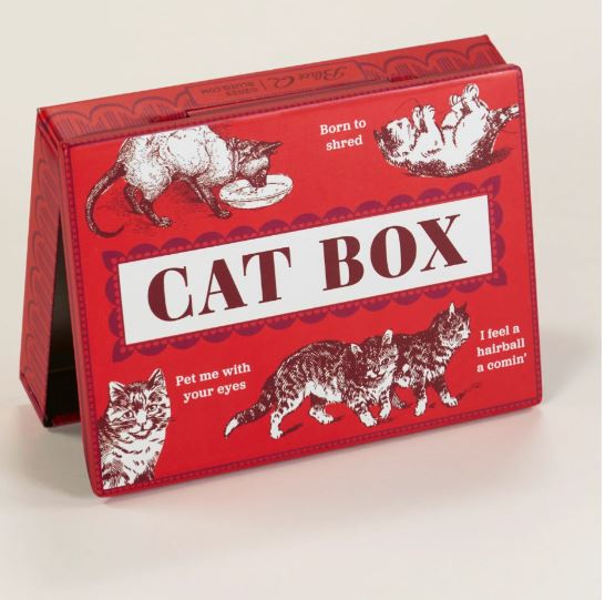 The Cat Box Small Tin by Blue Dog Posters is a red, triangle-shaped cat box with vintage cat illustrations and fun phrases like "Born to shred" and "Pet me with your eyes." Discover endless cat-inspired possibilities inside!.