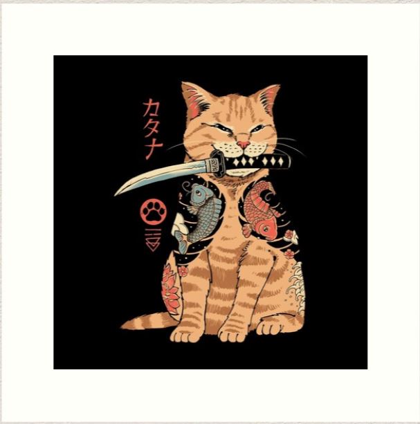 Catana" by Vincent Trinidad from GAL50 is a stunning art print of an orange cat with a katana, intricate koi fish tattoos, waves, and red Japanese text on a black background. Ideal for large gallery series.