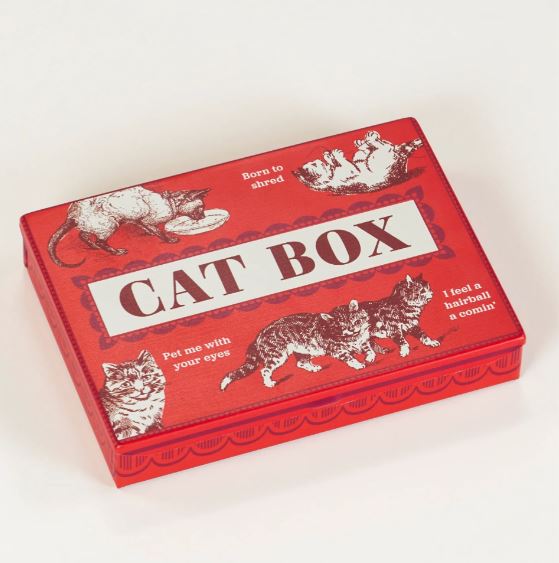The Cat Box Small Tin by Blue Dog Posters features vintage-style cat art and playful phrases like "born to shred." This red rectangular tin, perfect for small cats with big dreams, is displayed on a white background.