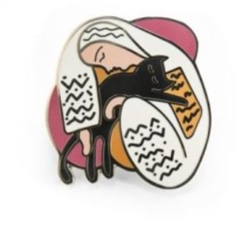 The "Catisse Hug Enamel Pin" by Blue Dog Posters features a stylized illustration reminiscent of a Henri Matisse caricature, depicting a person in white clothing with black zigzag patterns, cradling a black cat. The background is adorned with abstract pink and mustard shapes. The serene expression of the person and the calm demeanor of the cat make for an enchanting scene.