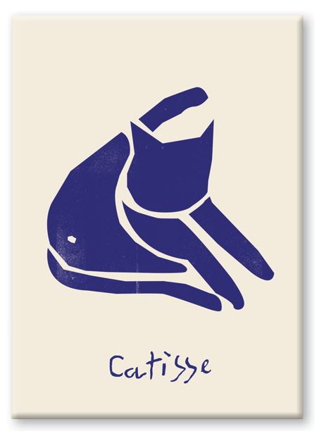 The Henri Catisse Magnet by Nia Gould from Blue Dog Posters features minimalist artwork of a stylized blue cat grooming itself on a beige background. The cat is crafted using simple geometric shapes, and beneath the image, the word "Catisse" is written in a handwritten style. This magnet is perfect for giving your fridge a funky facelift or for displaying important notes with elegance.