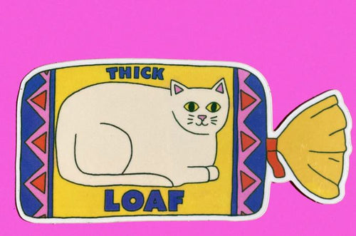 The Cat Loaf Sticker by Blue Dog Posters shows a white cat labeled "THICK LOAF" against a bright pink background, with colorful patterned sides and a yellow twist tie—perfect for adding fun to any surface.