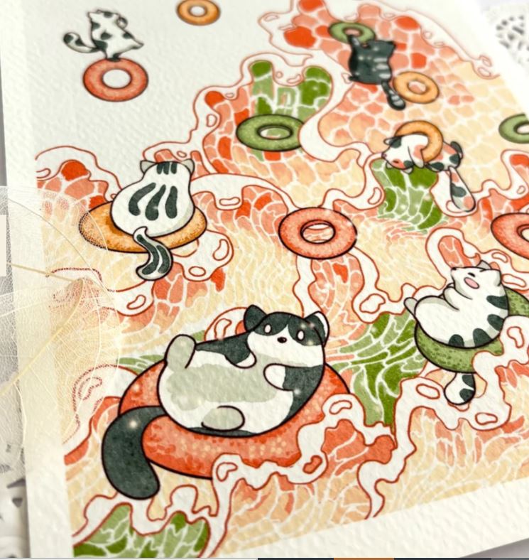 Cats and Fruit Loops by Plain Rice Studios from Blue Dog Posters features cute cartoon cats relaxing on vibrant pool float rings set against a wavy orange and green background, blending playful digital art with whimsical Asian-inspired touches.