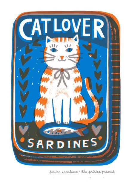 Cat Lover A4 Print by Printed Peanut from Blue Dog Posters features an orange-and-white cat with a fish on a plate, surrounded by leaves on a blue background—ideal cat-themed wall decor for feline enthusiasts.