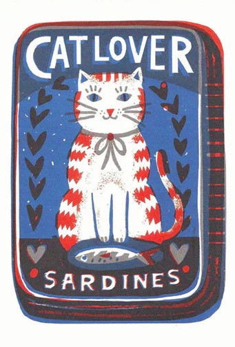 Cat Lover Sardines Riso Card by Blue Dog Posters features a red and white cat with a fish, on a blue sardine tin labeled "CAT LOVER SARDINES," adorned with hearts and leaves. Ideal as a vintage-inspired cat or sardine greeting card.