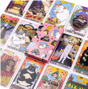 Cat Meme Tarot Cards by Blue Dog Posters features illustrated cats replacing classic tarot figures, packed in a pink cat-themed box—perfect for mystical cat lovers and collectors.