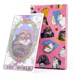 The Cat Meme Tarot Cards by Blue Dog Posters feature a "The World" cat card and come in a pink box with playful felines—an ideal pick for mystical cat lovers and tarot enthusiasts.