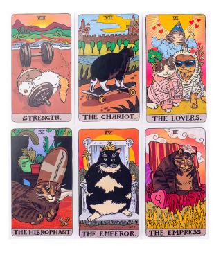 Blue Dog Posters’ Cat Meme Tarot Cards features six playful, illustrated cat-themed cards—Strength, The Chariot, The Lovers, The Hierophant, The Emperor, and The Empress—perfect for mystical cat lovers.