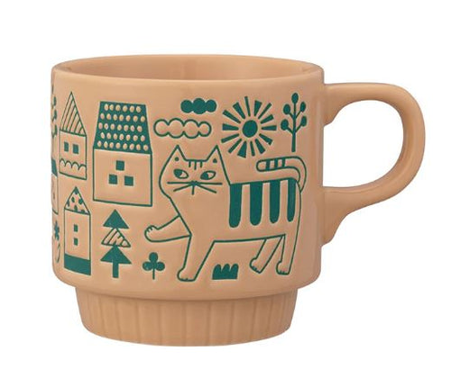 The Cat Flower Garden Aqua & Orange Japanese Mug from Blue Dog Posters features playful geometric cat, house, and tree illustrations—perfect for Japanese zakka style fans.
