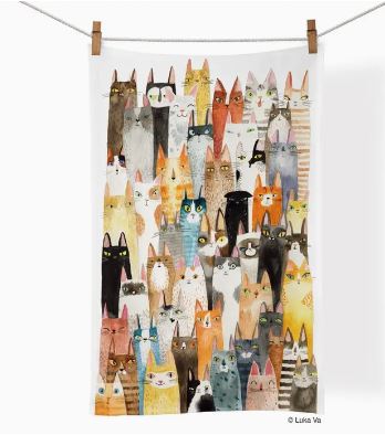 The Werkshoppe Tea Towel Cat Power by Blue Dog Posters features a vibrant illustration of cats with varied fur patterns, all standing together and gazing ahead—a charming gift for cat lovers.
