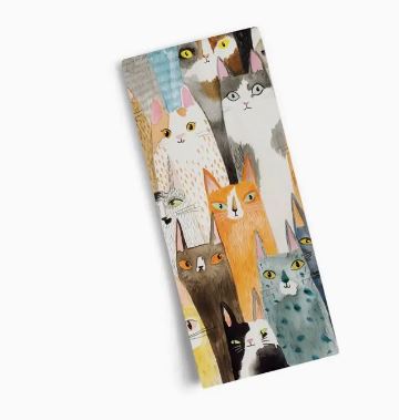 The Werkshoppe Tea Towel Cat Power by Blue Dog Posters is a rectangular kitchen towel with colorful, stylized cat illustrations on a white background—an ideal gift for cat lovers.