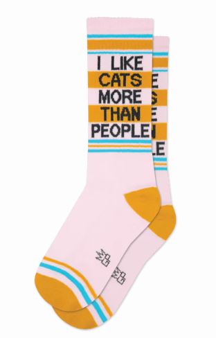 Blue Dog Posters' I Like Cats More Than People Gym Crew Socks feature pink fabric, mustard heels and toes, blue and mustard stripes, and a bold calf print—perfect unisex socks for cat lovers.