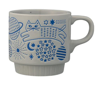 The Cat Flower Garden Stone & Blue Japanese Mug by Blue Dog Posters features a white cat design with blue accents, stars, planets, and geometric shapes for a stylish Japanese-inspired look.