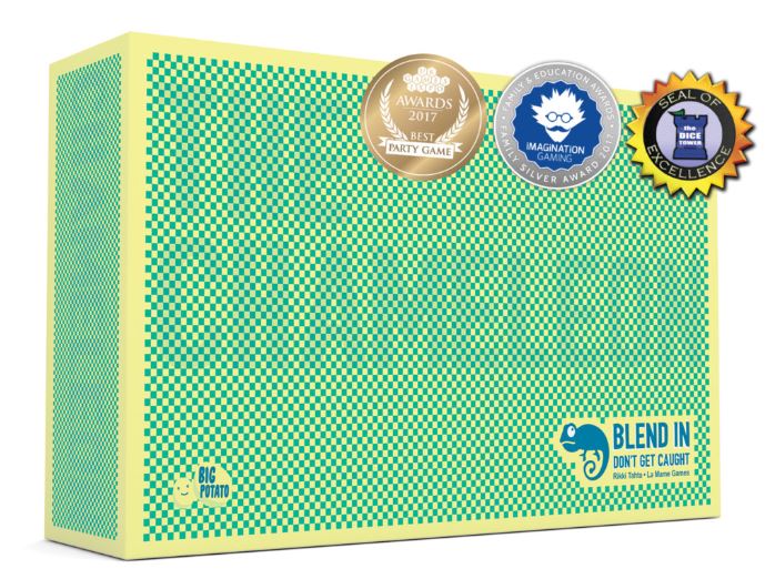 A green and yellow checkered game box from Blue Dog Posters, "The Chameleon," features an elephant logo, three award badges, and is a perfect bluffing party game for fans of clever deception.