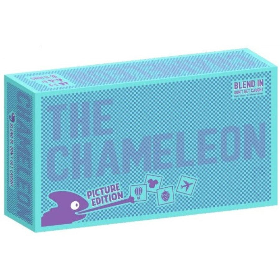 A turquoise box for "The Chameleon Pictures" by Blue Dog Posters, featuring a purple chameleon and icons like a hot air balloon, fruit, and airplane. The slogan "Blend In, Don’t Get Caught" appears in the corner. Family-friendly fun!.