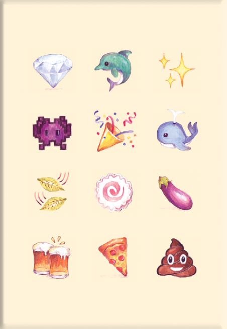 Cheer Up Emoji Kid by Amy Blue for Blue Dog Posters features 12 hand-painted emoji icons—like a diamond, whale, and pizza—on beige as part of the Featured Artists Collection Art Print.