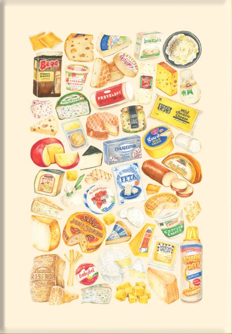 A colorful, organized grid displays GAL160's 50 Up Cheese by Amy Blue A2 in various illustrated forms—blocks, wedges, slices, spreads, rounds, and packaged containers—on a light background.