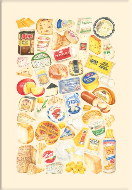An array of cheese blocks, wedges, wheels, and spreads from fap is beautifully arranged on a light background, inspired by the 50 Up: Cheese by Amy Blue art print.
