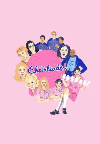 The "But I'm a Cheerleader by Amy Blue" art print from fap features characters in pink and blue outfits arranged in a circle on a pink background, with the movie title at the center. Part of the Featured Artists Collection.