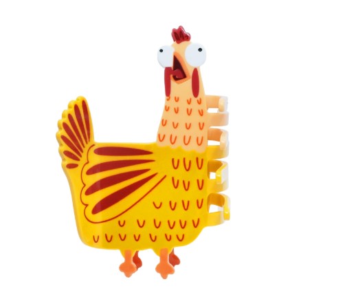 The Blue Dog Posters Screaming Chicken Hair Claw is a cartoon-style, bright yellow and orange plastic clip with wide, surprised eyes and red accents—perfect for fans of quirky, emotional support accessories.