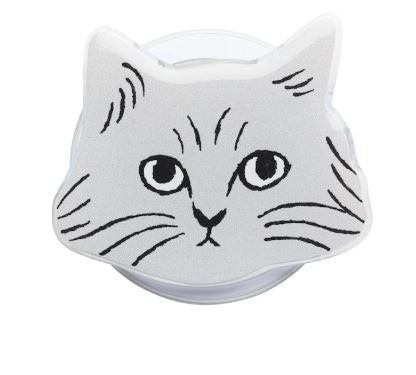The Blue Dog Posters Magnetic Phone Grip Cats - Chloe features a white, cat-head-shaped design with a simple black line drawing of a cat's face, offering secure and stylish smartphone handling.