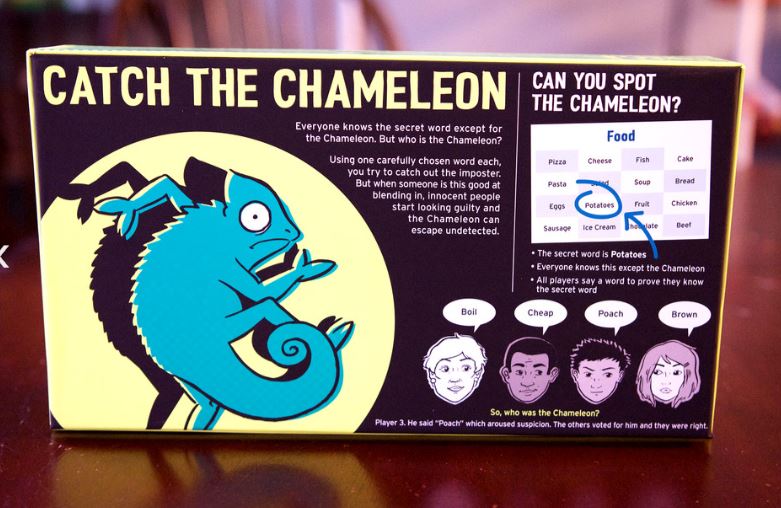 A game box for The Chameleon by Blue Dog Posters showcases a big blue chameleon, illustrated players, instructions, and a small grid of food words—"Potatoes" is circled—on a striking black and yellow background.