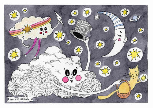 This whimsical art print, "Cloud Characters by Helen Nehill Art," is presented by Blue Dog Posters as part of the Featured Artists Collection. It features a smiling cloud and crescent moon with human-like faces, where the cloud holds a top hat while a star-headed figure dances nearby. A cat sits on the moon's hat amidst glowing stars in the dark, starlit sky.
