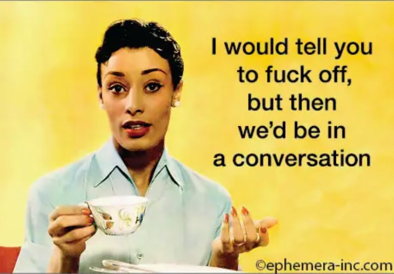 The In a Conversation Magnet by Blue Dog Posters features a woman holding a teacup on a yellow background with the text, "I would tell you to fuck off, but then we'd be in a conversation." A witty humour gift!.