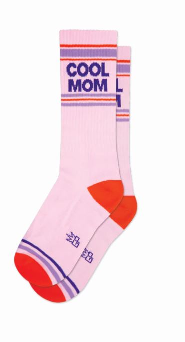 Blue Dog Posters’ Cool Mom Gym Crew Socks are pink with red toes, blue and red stripes, and “COOL MOM” in blue near the cuff—plus extra blue text by the toes—for a playful unisex style.